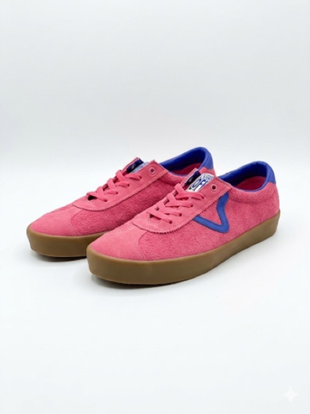 Vans Pink Suede Low-Top Sneakers with Blue Accents and Gum Sole